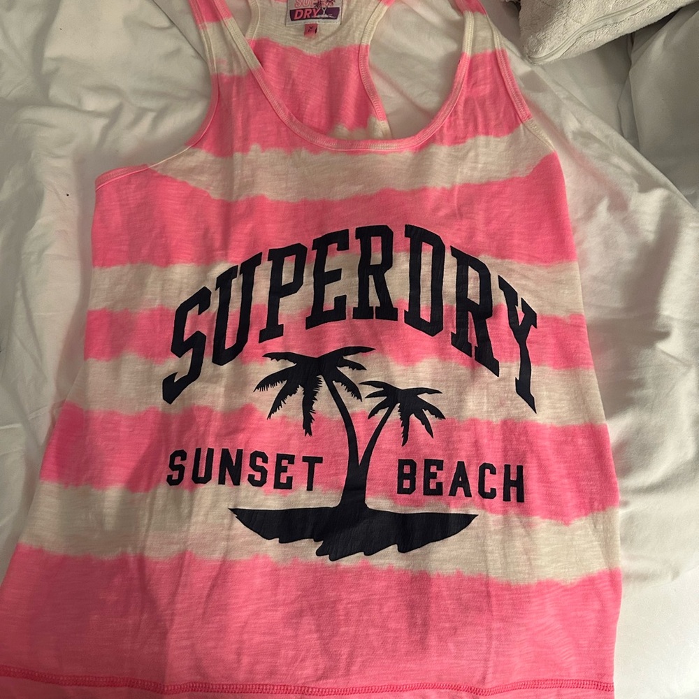 Superdry Pink and White Striped Sunset Beach Tank Top